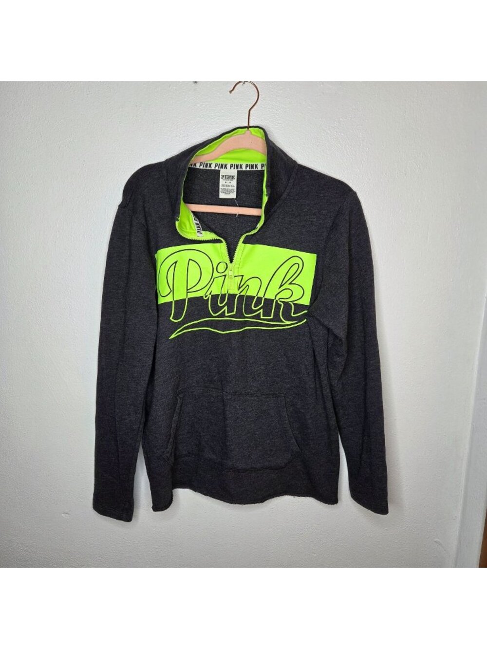 Victorias Secret Pink Neon Logo 1/4 Zip Pullover Sweatshirt M Gray & Yellow